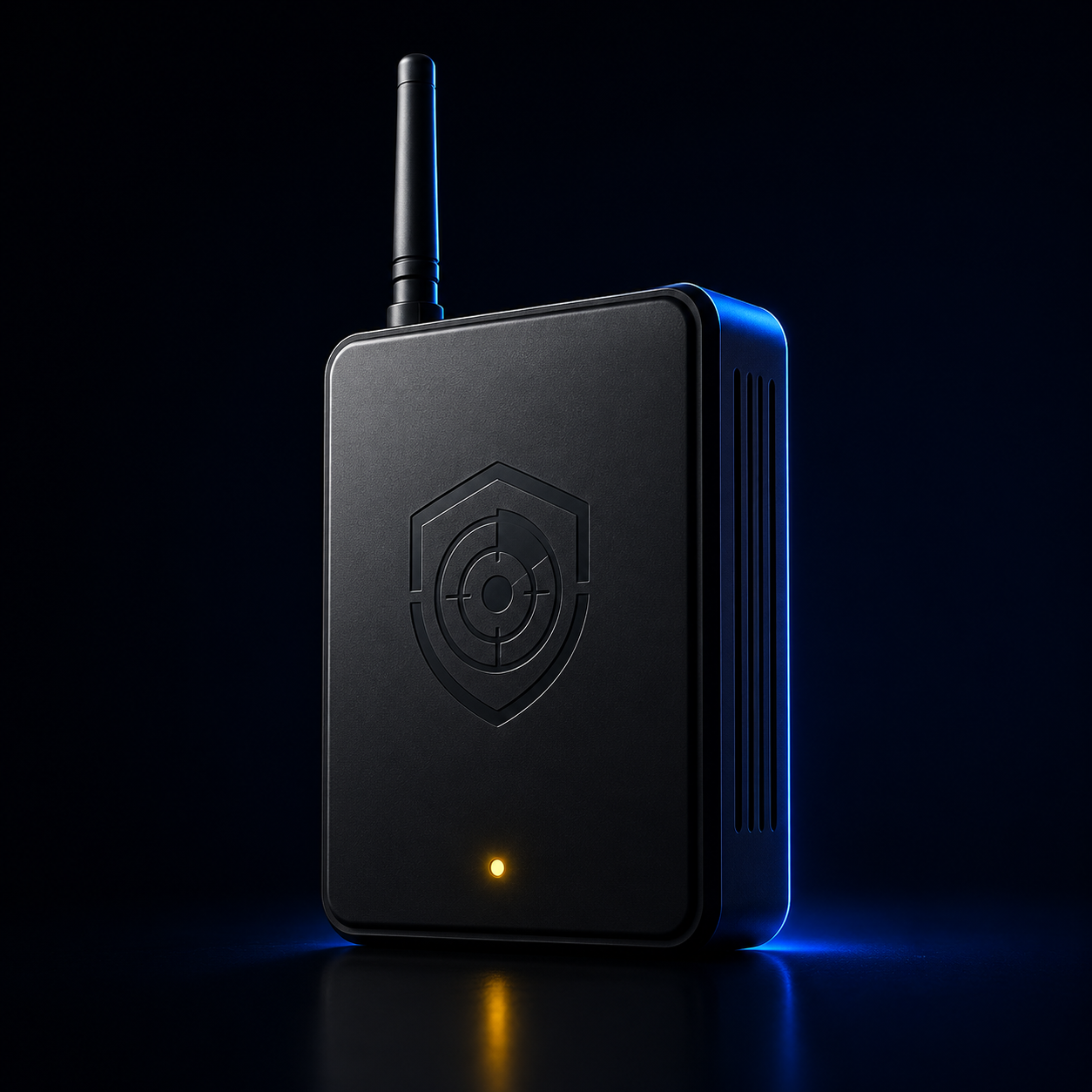 The Guardius sensor — a small device on a dark background with a subtle blue rim light.